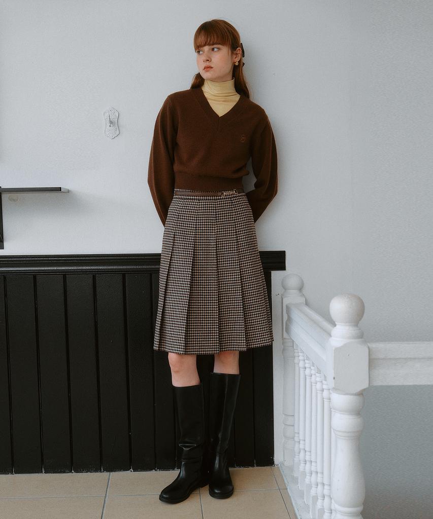 Lora Lora Wool Blended Buckle Pleats Skirt Brown