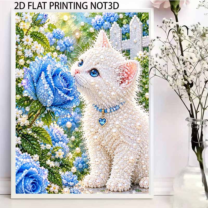 Creative Pearl Art on Stretched Frame Cute White Cat and Blue Rose Pattern DIY Sparkling Bead Canvas Relaxing Handmade Craft Gift for Kids