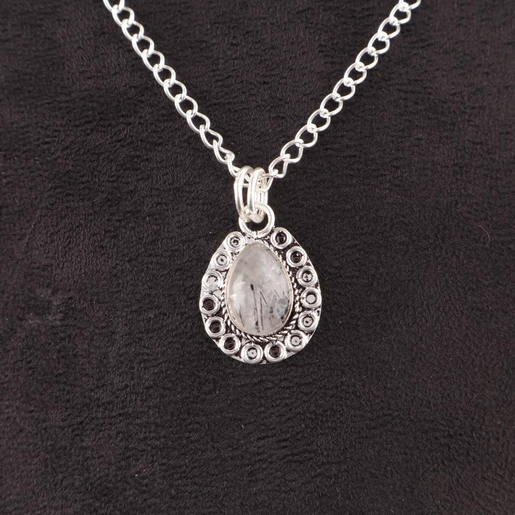 Pear Natural Black Rutile Sterling Silver Elegant Engagement Ethnic Boho Pendant PP-26-23