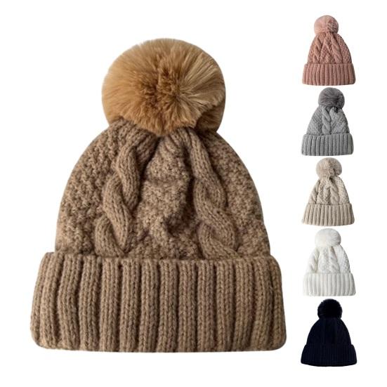 Women Fall Winter Hat Thickened Knitted Soft Elastic Warm Anti-slip Ear Protection Plush Ball Decor Twisted Pattern Outdoor Beanie Cap