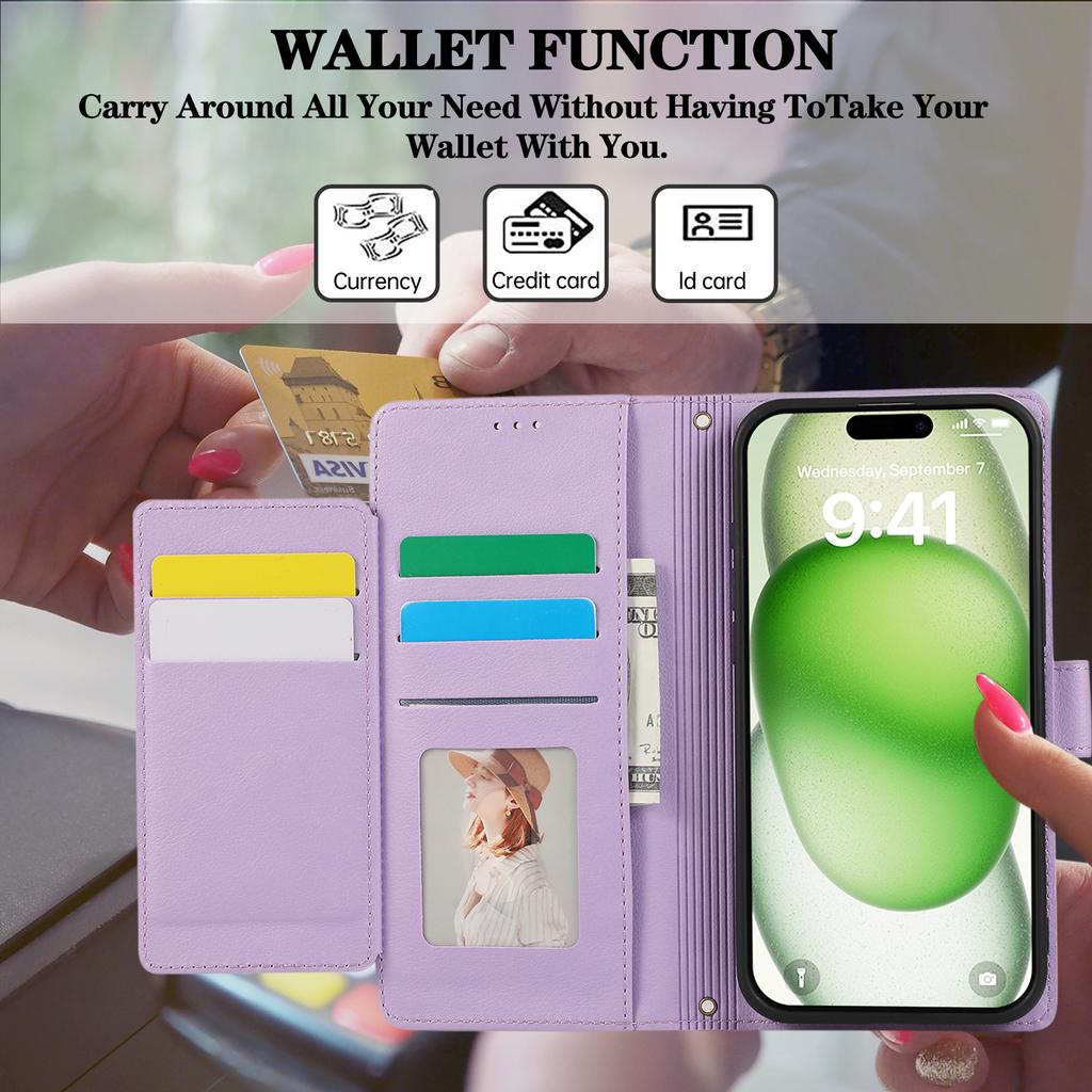 Für iPhone 16 Hülle Mehrere Kartenfächer Reißverschluss Leder Handyhülle mit Schultergurt/Handschlaufe