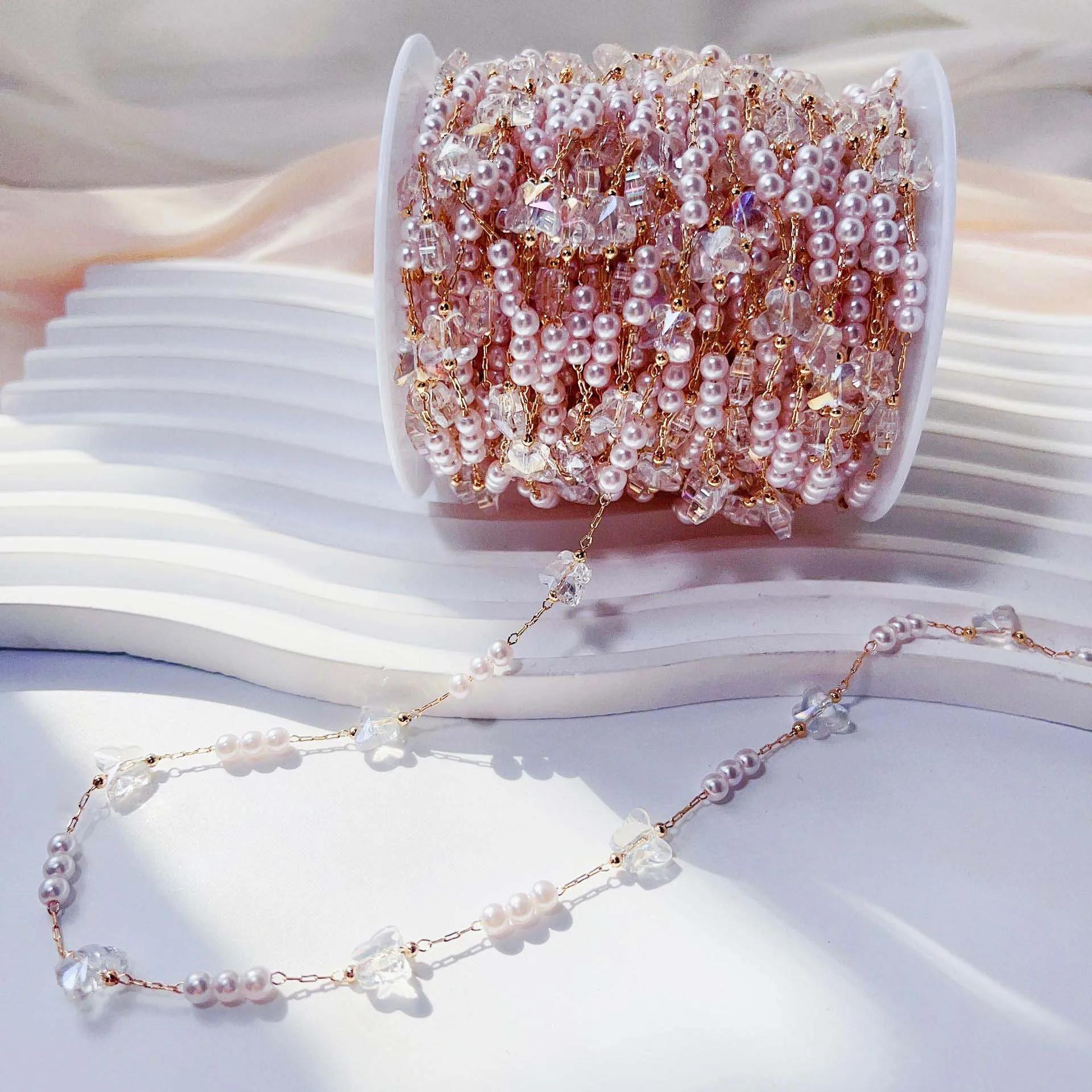 

0.5/1 Meter Golden Stainless Steel Beaded Chain Crystal Butterfly Chain Pearl Beaded Chain DIY Necklace Bracelet 0.5M