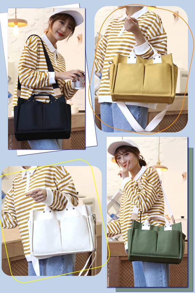 Laquest Canvas Tote Bag with Pockets, Multi-Storage, Canvas Shoulder Bag, Women's Handbag (White)