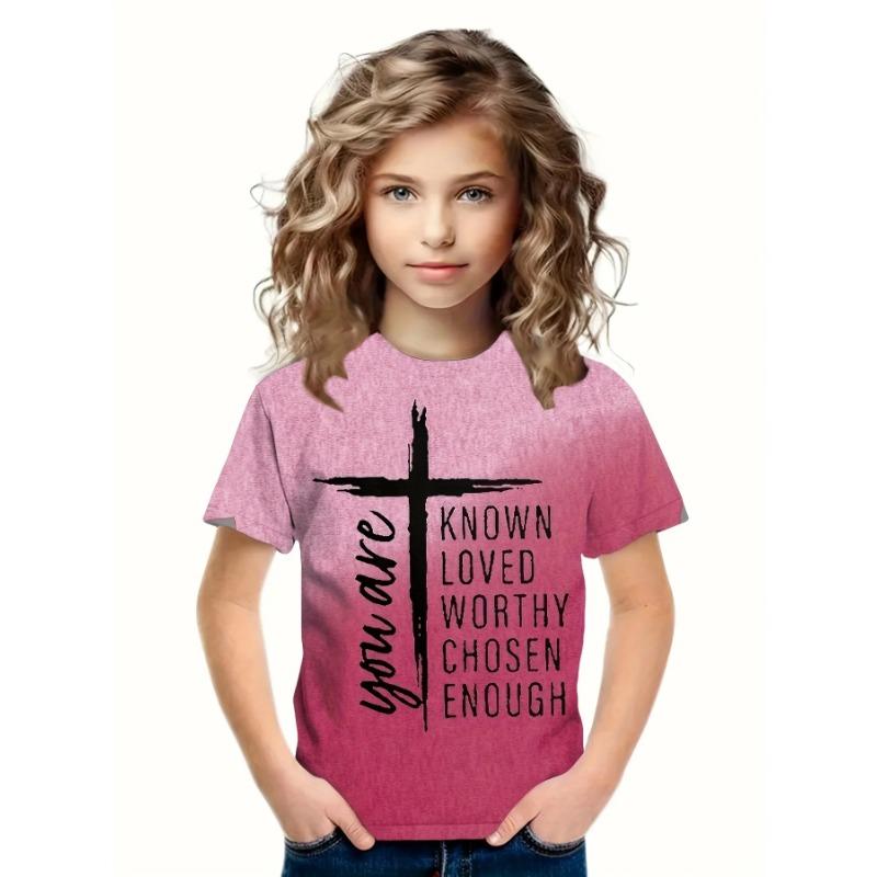 

Модные летние футболки для девочек, повседневные трикотажные топы с круглым вырезом и принтом по всей поверхности из трикотажной ткани 160