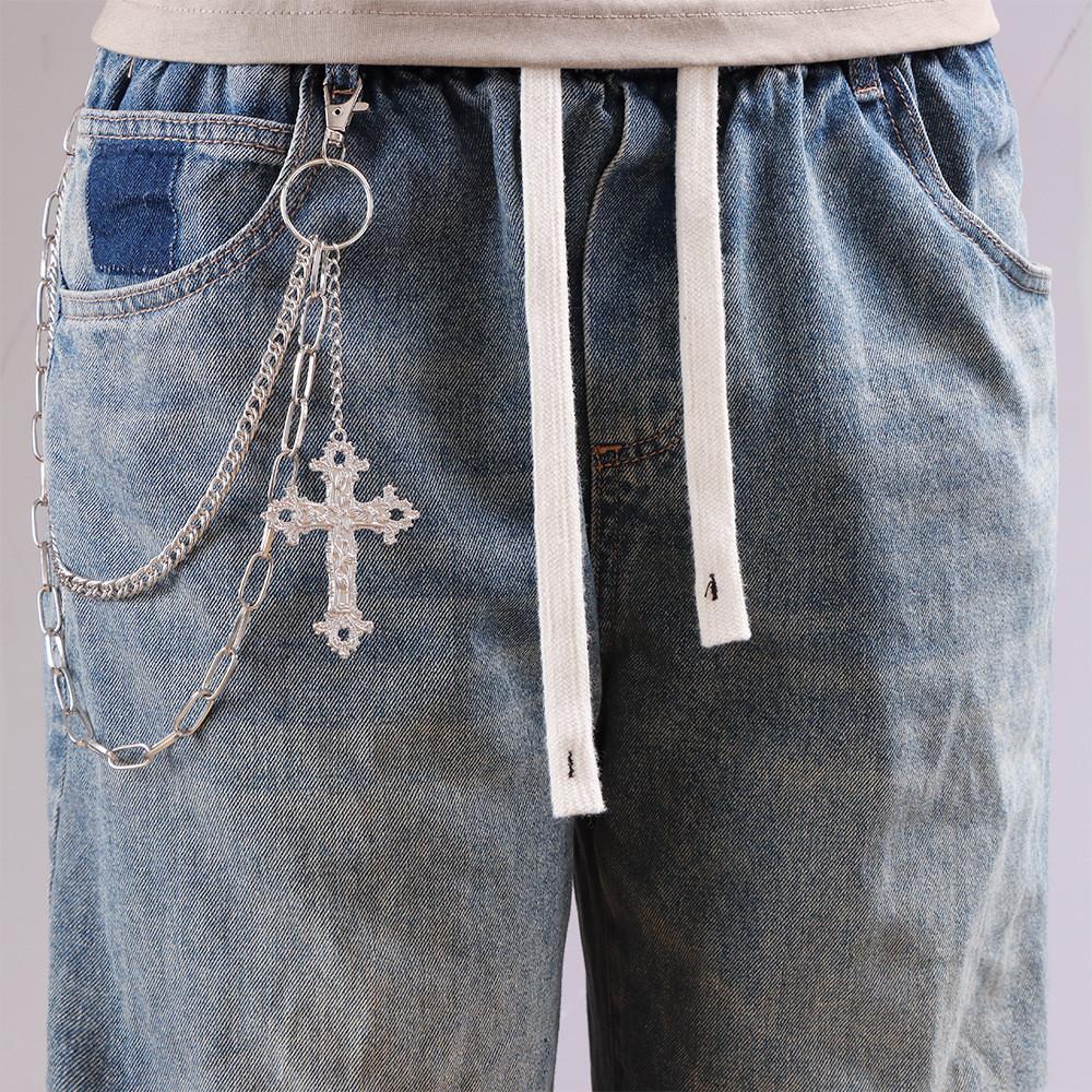 Punk Style Double Layer Cross Pendant Metal Chain Belt For Men Hip Hop Streetwear