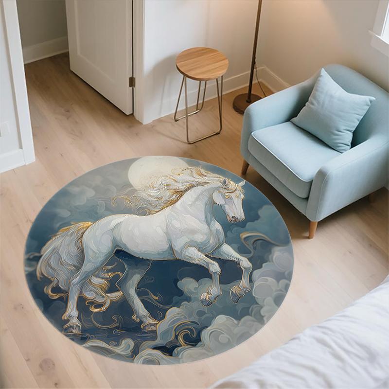 White Horse pattern round rug,Carpet Rug for Living Room Bedroom Sofa Playroom Decor,Non-slip Floor Mat,Holiday Gifts and Birthday Gifts