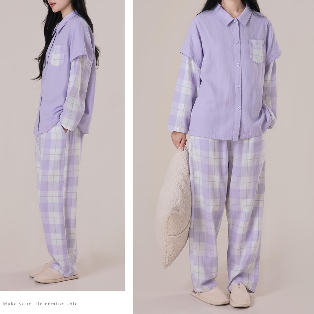 Yes Family Cotton Gauze Long Faux Layered Double Gauze Pajamas with Size Lavender Women's 100% Pajamas, Sleeves, Pants, Fall/Winter, M,