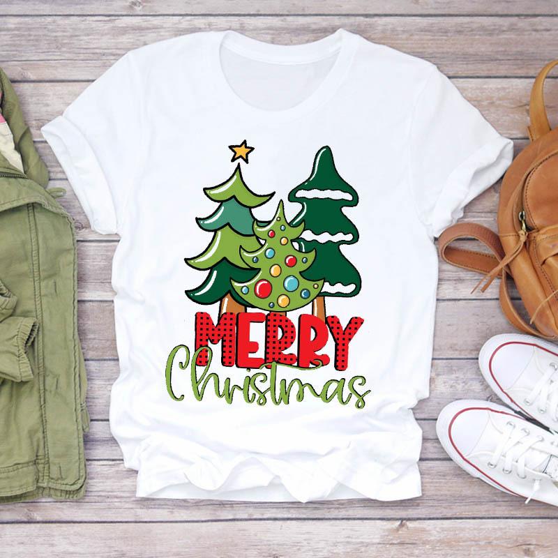 Casual Leopard Merry Christmas Tree Graphics Women T-Shirt 90S Kids Summer Shirts Loose White Female Tops Cute Children Clothes