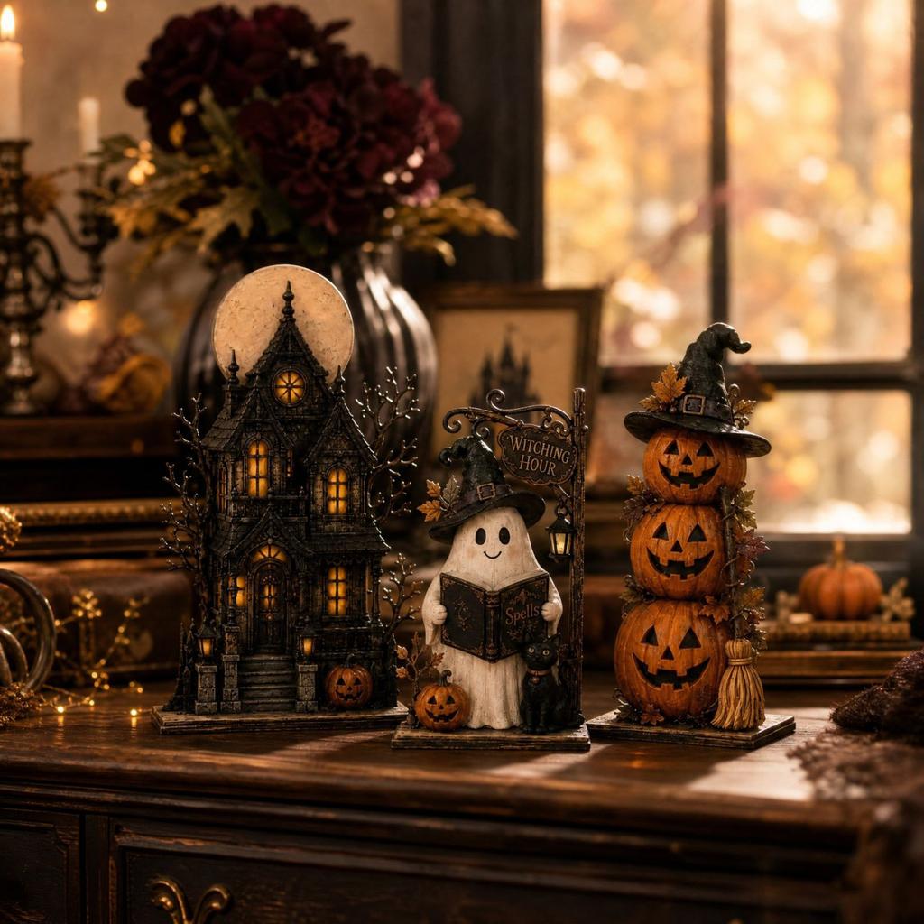 Vintage Holzhexenfiguren Set von 3, Halloween Hexenpuppen Dekoration für Tischplatte Regal Kaminsims Display