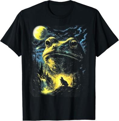 Retro Frog and Wolf Nature Scene, Full Moon Forest Lover Tee T-Shirt