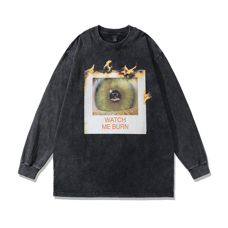 American Street Retro West Coast Hiphop Print Old Long-Sleeved T-Shirt Men'S And Women'S Washed Bottoming Tee Shirt