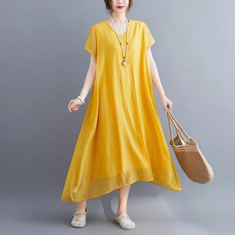 Korean Style Plus Size Summer Women Midi Dress V Neck Black White Pink Blue Yellow Orange Loose Dress Short Sleeve Casual Basic Ladies' Dress