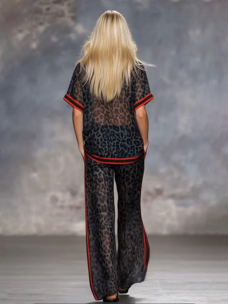 DM078 2026 Cross-border Spice Girl Vacation Leopard Print Collided Red Edge Chiffon Set V-Neck Short Sleeve Top Wide Leg Trousers