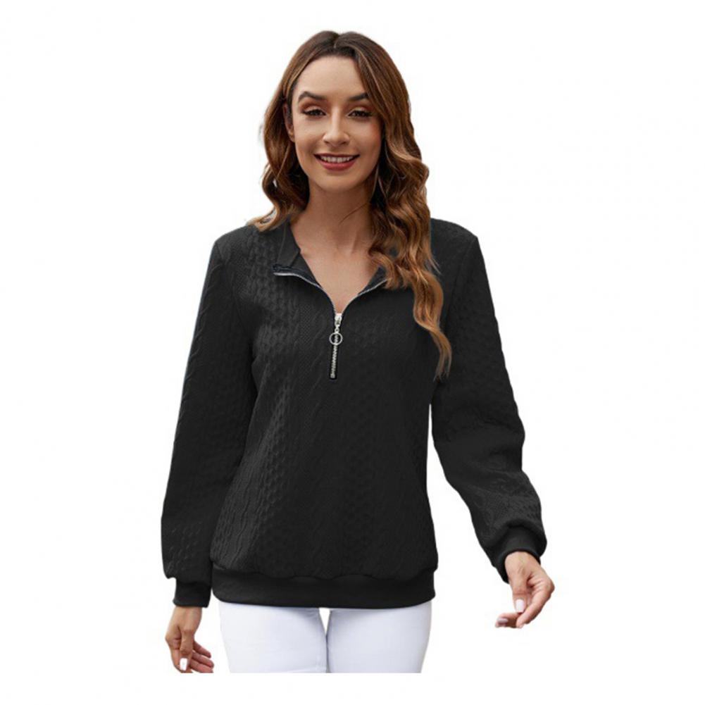 Fall Winter Women Sweatshirt Zipper Turn-down Collar Solid Color Long Sleeve Loose Twisted Texture Thick Warm Pullover Casual La