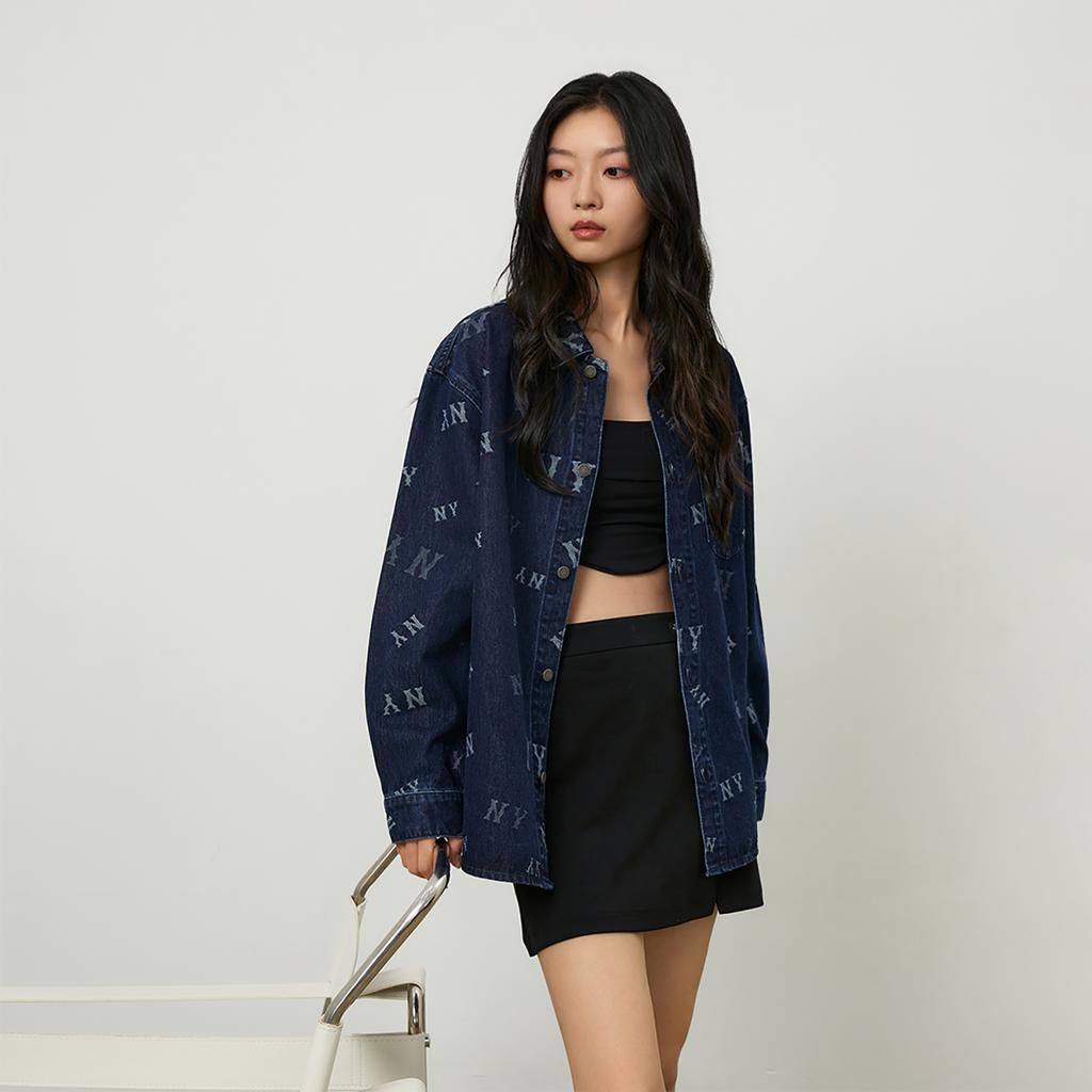 New MLB MONOGRAM Collection New York Yankees 24FW Denim Shirt Unisex Dark Marine Blue 3ADRM0244-50NYD