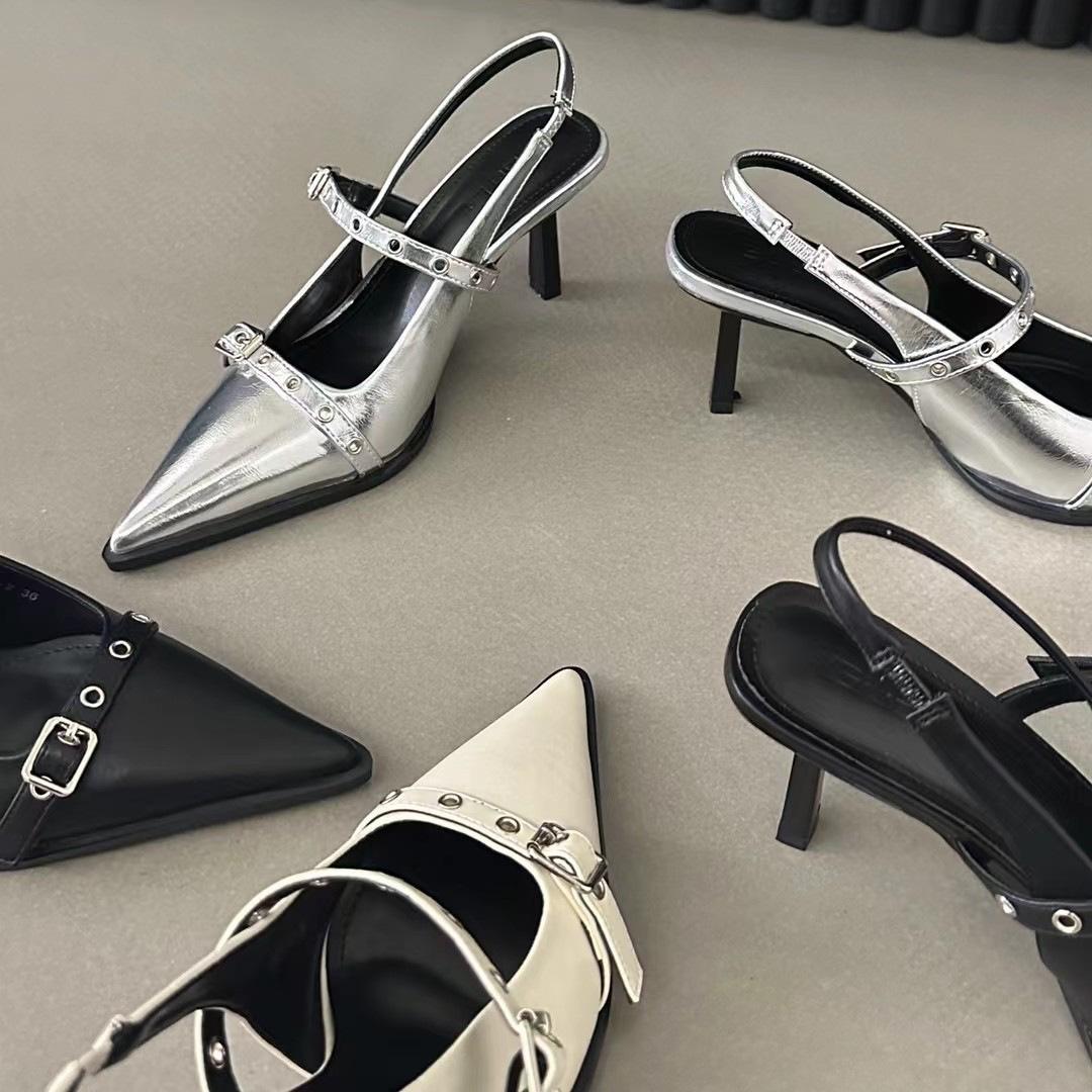 

Spring and summer new pointed high-heeled rivets sandals bag head rear empty shallow mouth rivets fashionable versatile single shoes women s shoes 39 серебряный