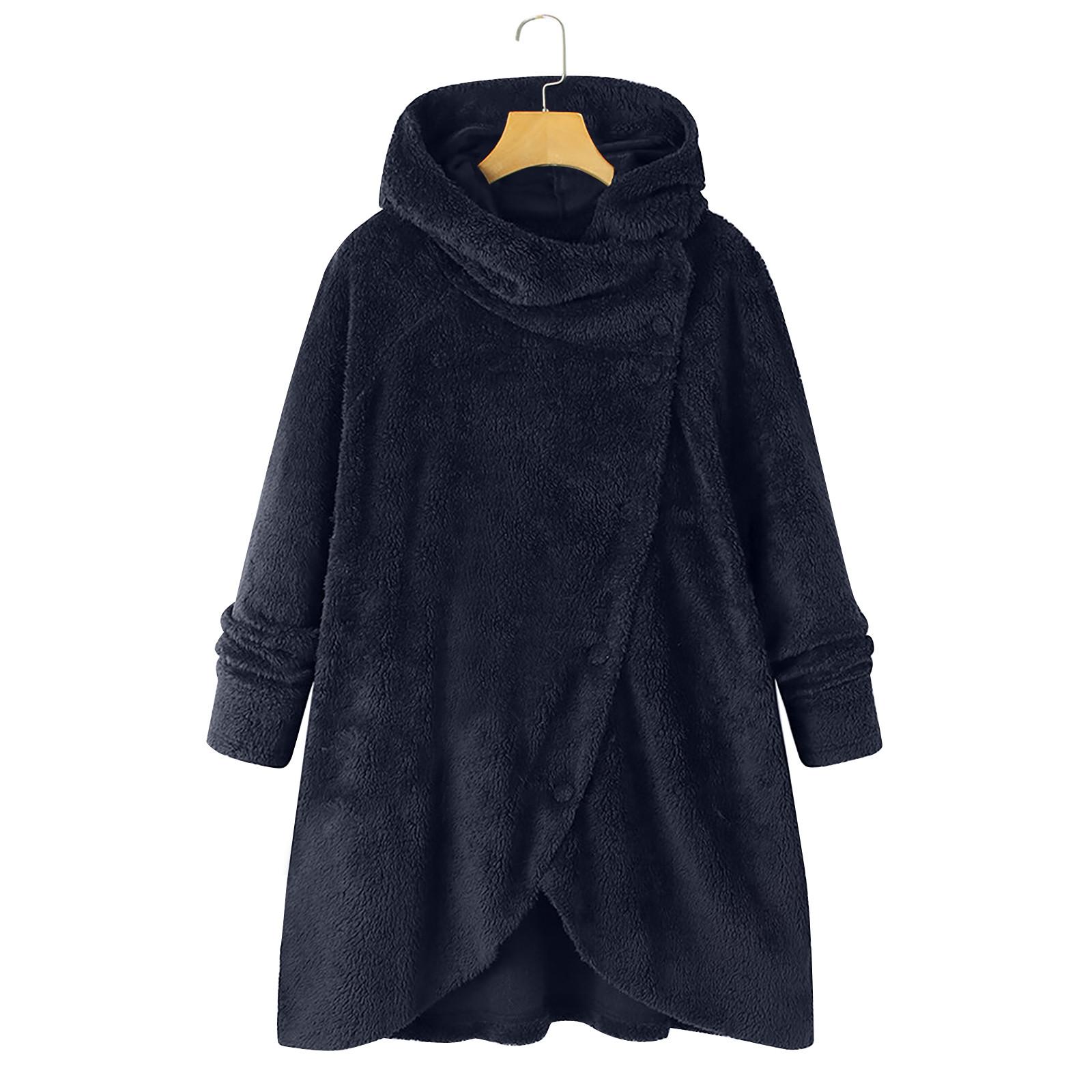 

Женская мода на пуговицах плюшевые топы с капюшоном свободный кардиган шерстяное пальто зимняя куртка L тёмно-синий