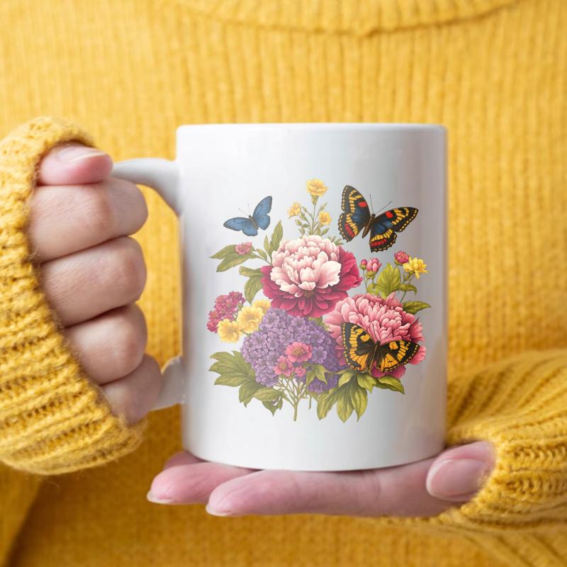Flower Butterfly Mug White, Pink, Purple and Yellow Flowers and Butterfly Designed for home office or gift coffee tea or hot dri белый