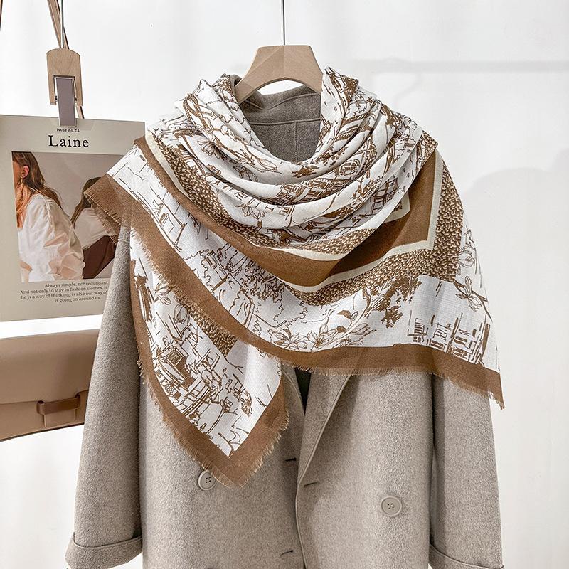 Niche retro plant flower printing square scarf high-end sense dismantling beard large square scarf autumn and winter fashion outer shawl