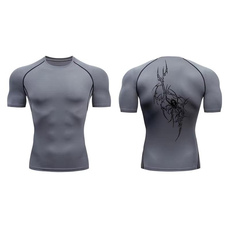 Spider Print Short Sleeve Compression Shirts for Men Summer Athletic Quick Dry T-shirts Gym Workout Running Tees Tops  RL00227