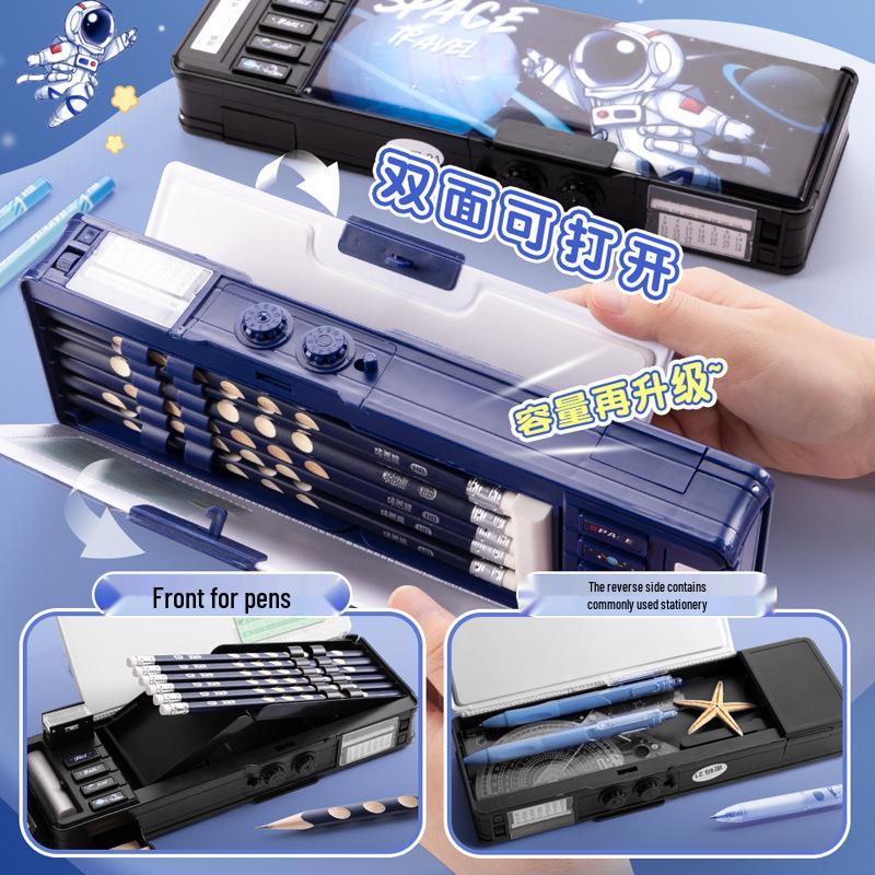 Multifunctional Blue Combination Lock Pencil Case for Boys - Black Technology Design for Elementary Students