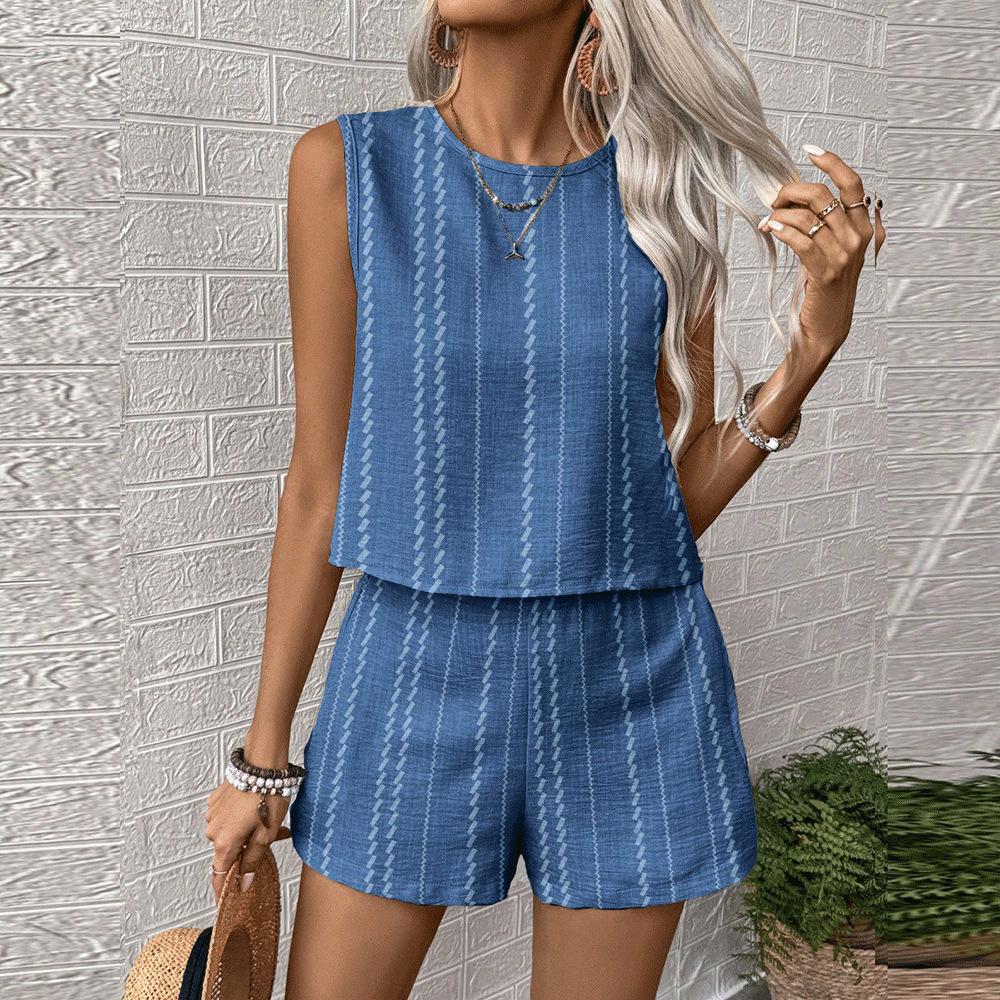 Women's Sleeveless Striped Tank Top and Shorts Set In Beige with Black Stripes | Casual Summer Two Piece Outfit