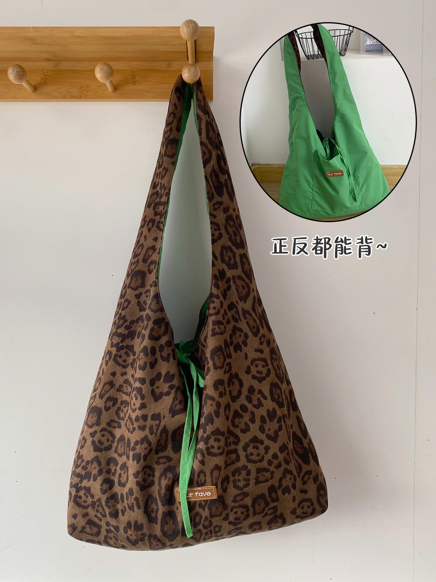 

Vintage Leopard Women s Faux Suede Shoulder Bags Large Capacity Nyl Vest Shopping Bag Double Side Simple Travel Tote Handbags коричневий