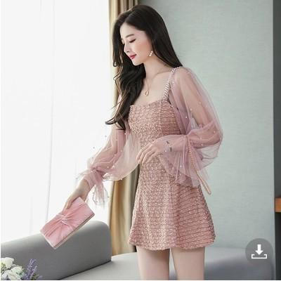 2026 new women's clothing chic small fragrant temperament medium and long mesh splicing long sleeves waist and thin dress women