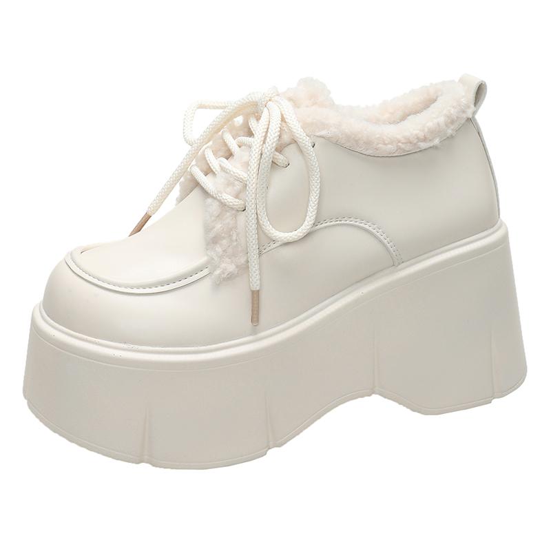 Fashion Women Warm Fur Snow Boots Winter Soft Leather Motorcycle Short Boots High Platform 9CM Ladies Chunky Plush Sneakers Botas Mujer