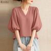 ZANZEA Women Casual V-Neck 3/4 Sleeve Loose Blouse