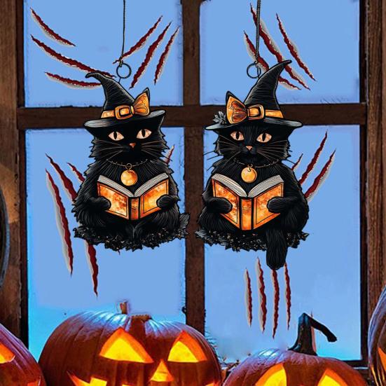 Halloween Suncatcher Stained Glass Window Hanging Light Catcher Ornaments Acrylic Ghost Black Cat Craft for Wall Window Decor