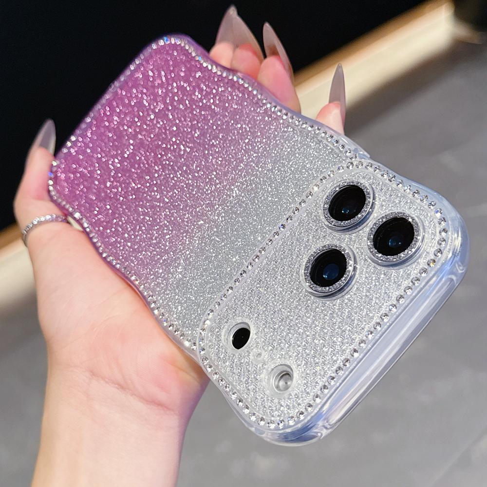 KEYSION Gradient Glitter Jewelled Phone Case for iPhone 16 17 Pro Max Air 16 Plus Wavy Border Lens Protector Shockproof Cover