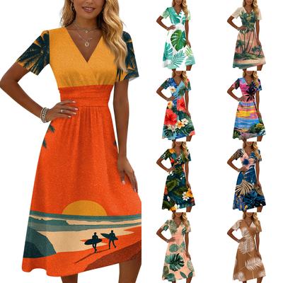 Women's Casual Fashion Hawaiian Print Short-Sleeve V-Neck Dress