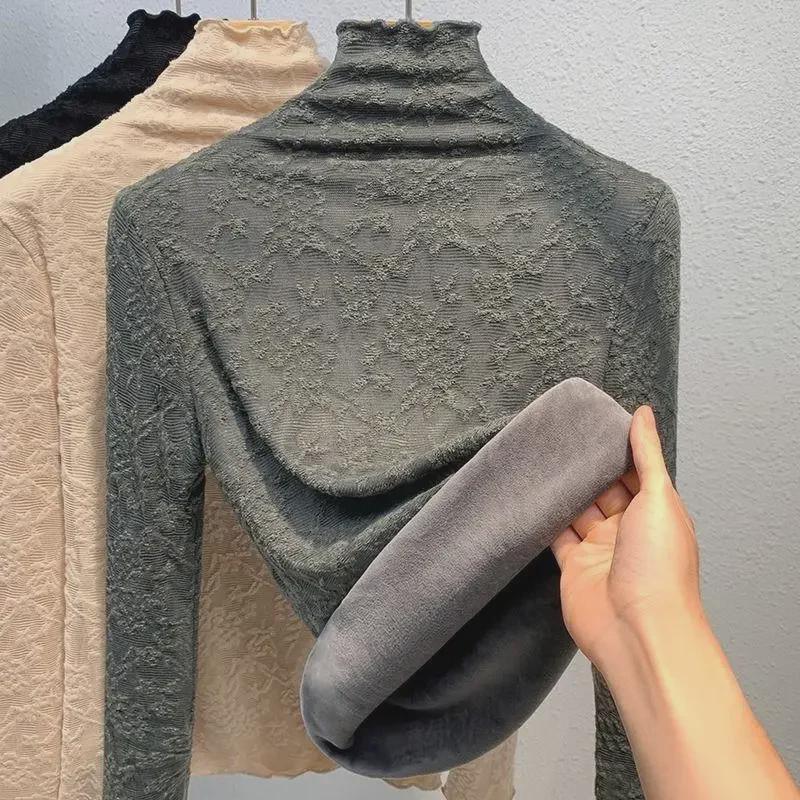 Women's Plus Size Velvet Lace Bottoming Shirt - Warm Half High Collar Mesh Top for Autumn/Winter 2024