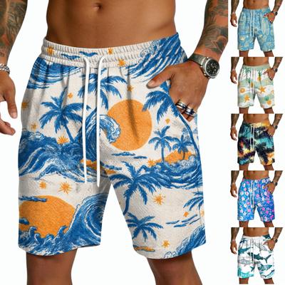 Men's Casual Drawstring Shorts Lightweight Quick Dry Five Inch Inseam Hawaiian Floral Print Beachwear Summer Shorts