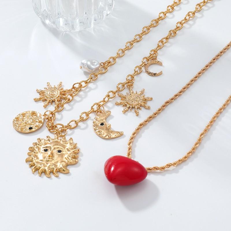 Gold Tone Alloy Pendant Necklace Set With Sun Moon Heart Charms Imitation Pearl Layered Cross Chain Women Beach Style