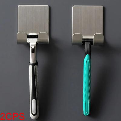 Supporto per rasoio da parete in acciaio inox con perforazione gratuita, autoadesivo, impermeabile, nero/argento