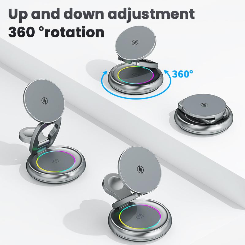 4 in 1 Foldable Magnetic 15W Wireless Charger Station with LED Ambient Light for iPhone 15 14 13 Pro/Max/Plus and Apple Watch