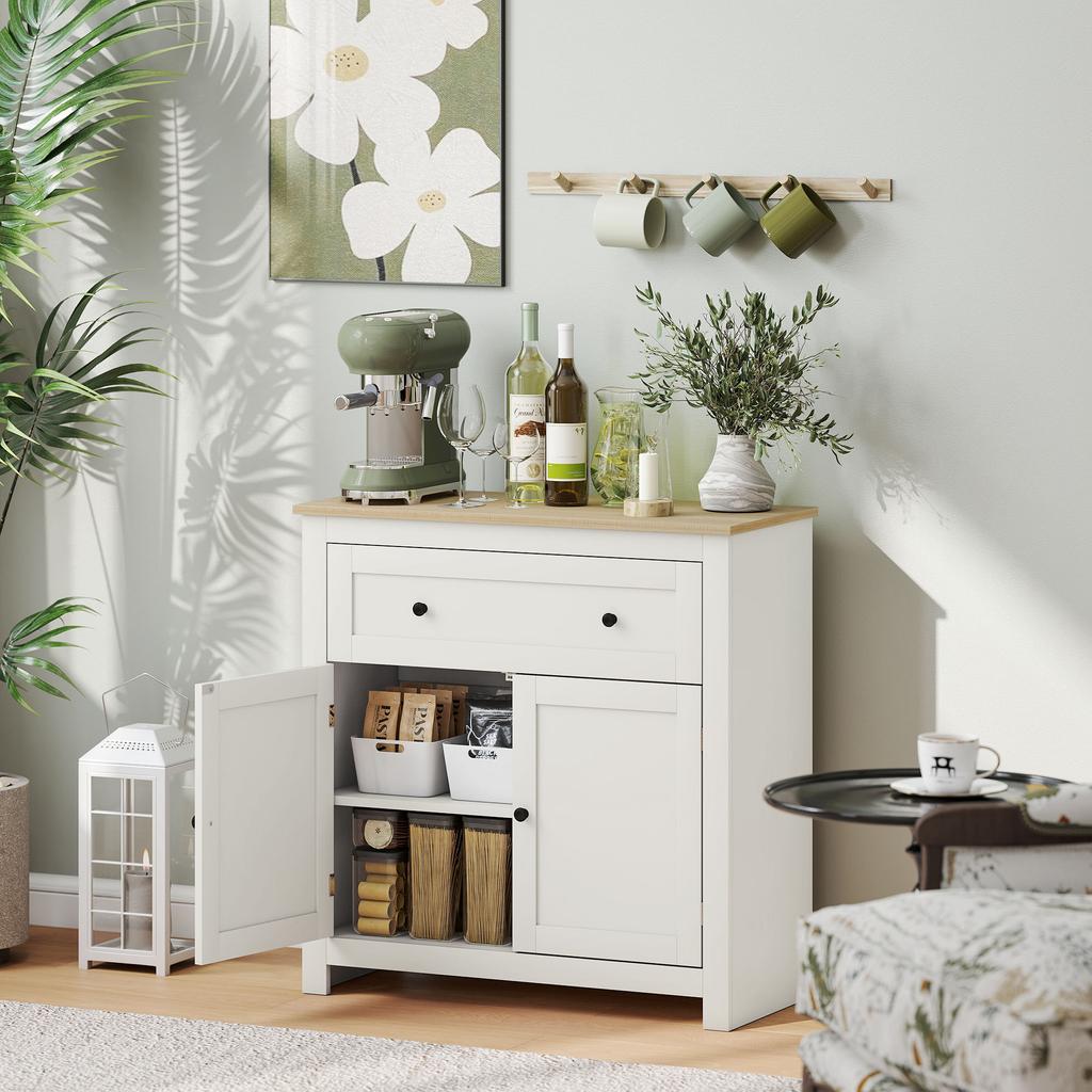 Sideboard Storage Cabinet, Modern Kitchen Cupboard with Adjustable Shelf, Drawer and Double Doors, Cream White