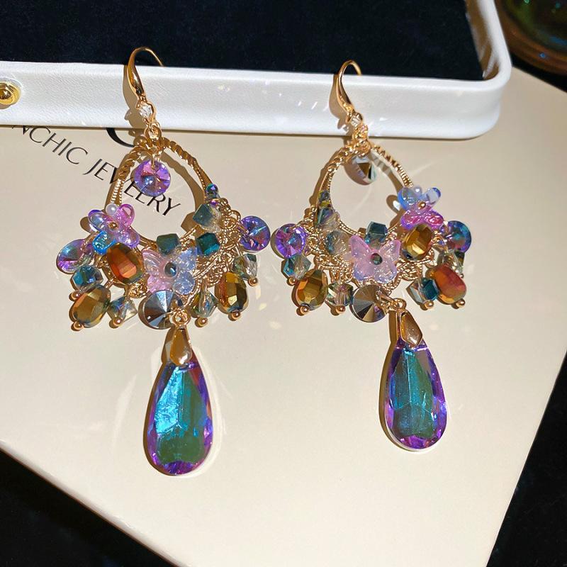 Retro Silver Needle Zircon Glass Water Drop Earrings Court Temperament Stud Earrings Personality Trend Versatile Earrings Women