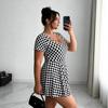 European and American large-size plaid printing dress, slim and thin square neck short-sleeved skirt, direct supply
