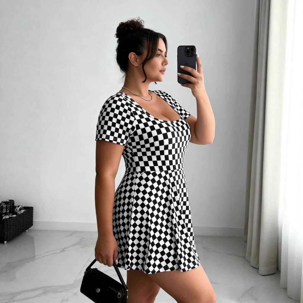 European and American large-size plaid printing dress, slim and thin square neck short-sleeved skirt, direct supply