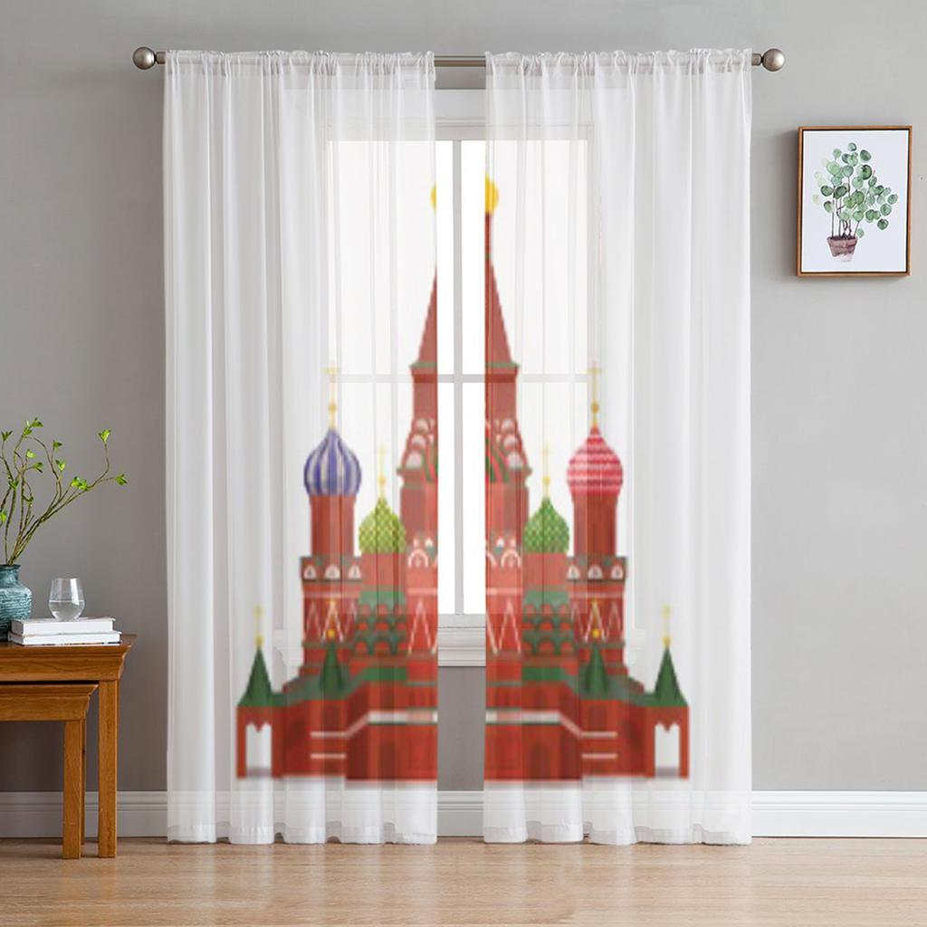 Moskau Basilius-Kathedrale Illustration Chiffon Transparente Vorhänge für Wohnzimmer Schlafzimmer Fenster Vorhang Voiles Tüll Cortinas