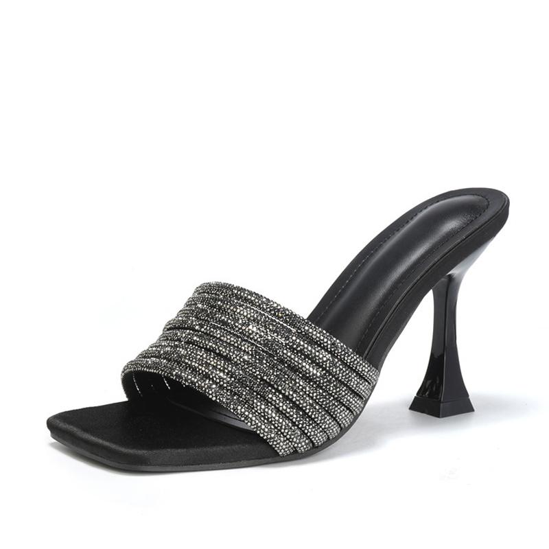 

Fashion Liyke Street Fashion Glitter Crystal Rhinestones Women Slippers Sandals Sexy Square Toe Thin High Heels Mules Slides Shoes Black 35 чёрный