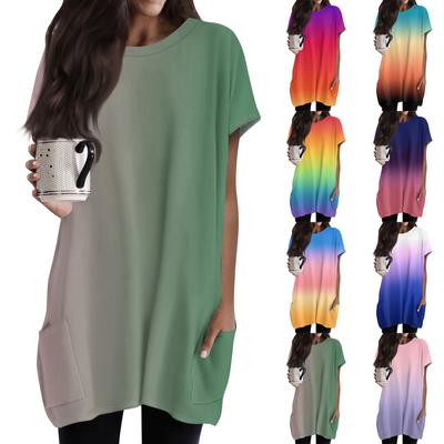 Women's Fashion Casual Short Sleeve Print Round Neck Double Pocket T-Shirt Top