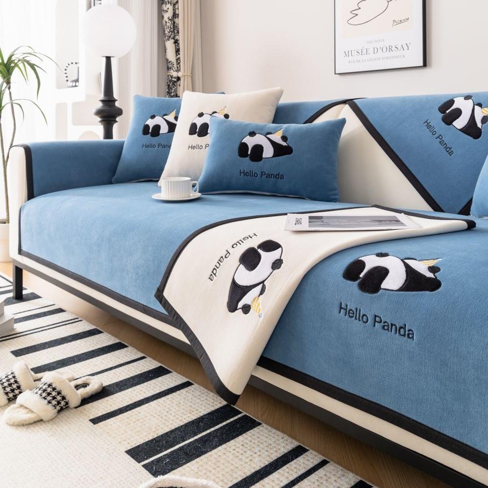 Modern Universal Non-slip Sofa Towel Chenille Solid Color Couch Cover for Living Room Four Seasons Panda Embroidery Sofa Cover