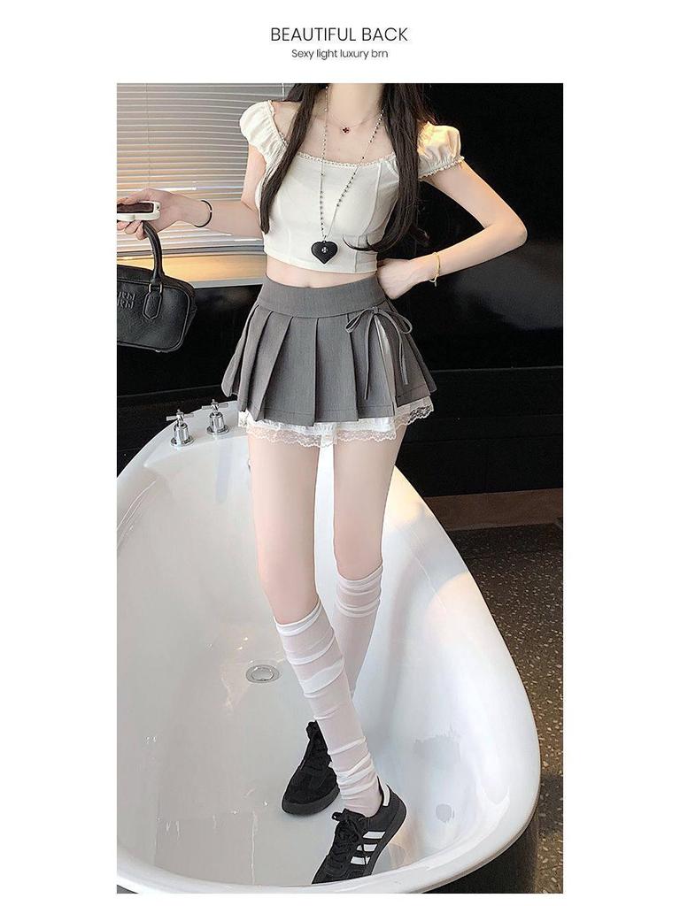 Spicy Girl Grey Lace Pleated Mini Skirt with Split Bow Detail