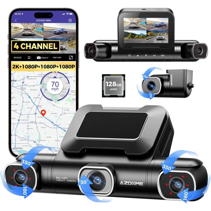 Cámara de salpicadero para coche AZDOME M660 de 4 canales 360° 2.5K+3x1080P con 128 GB eMMC y WiFi 5G