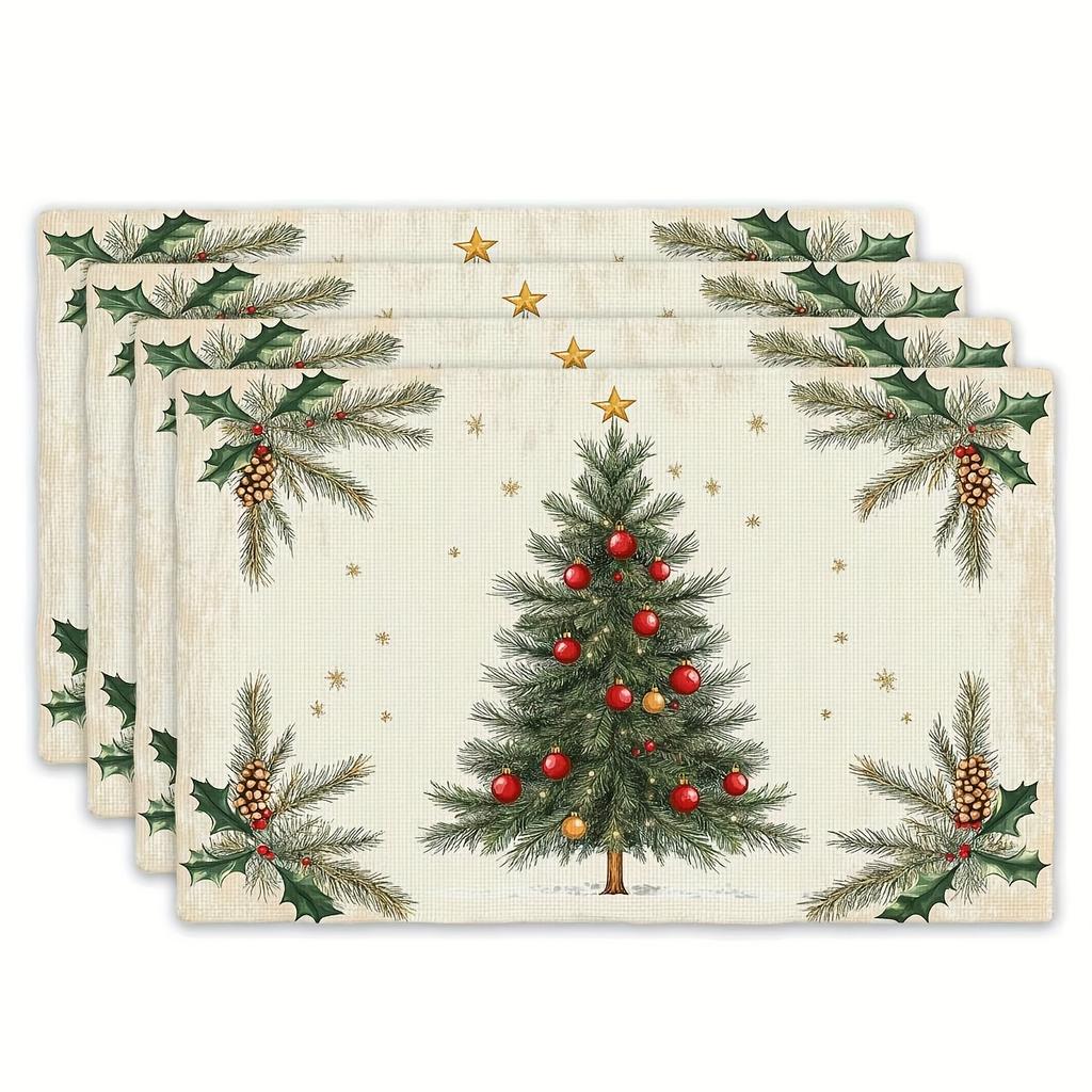 4pcs Placemat Set with Traditional Christmas Tree Pattern - 12" x 18" Rectangular Kitchen Table Runner - Suitable for Home Kitchen and Restaurant Deco