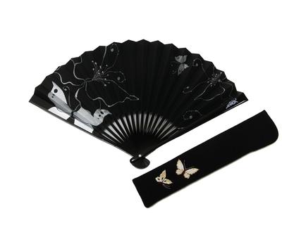 Fan with Butterfly Black Includes Fan In Paper [Hasegawa] Kyoto-style Pattern, Background, Case, Box.